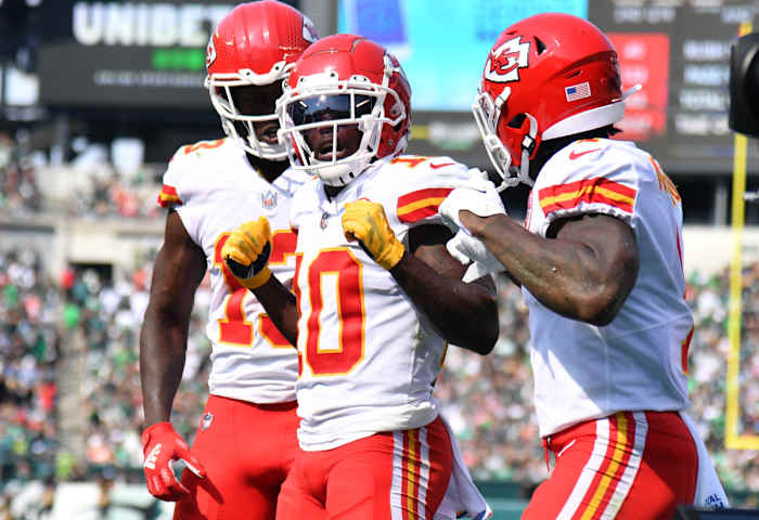 Oct 3, 2021; Philadelphia, Pennsylvania, USA; Kansas City Chiefs wide receiver Tyreek Hill (10) celebrates his touchdown catch with teammates wide receiver Byron Pringle (13) and running back Jerick McKinnon (1) against the Philadelphia Eagles during the second quarter at Lincoln Financial Field. Mandatory Credit: Eric Hartline-USA TODAY Sports